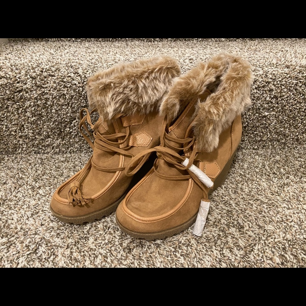 Union Bay brown wedge faux fur bootie